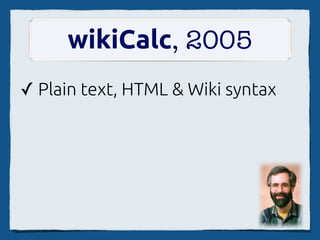 wikiCalc, 2005
✓ Plain text, HTML & Wiki syntax
 