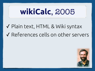 wikiCalc, 2005
✓ Plain text, HTML & Wiki syntax
✓ References cells on other servers
 