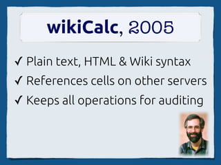 wikiCalc, 2005
✓ Plain text, HTML & Wiki syntax
✓ References cells on other servers
✓ Keeps all operations for auditing
 