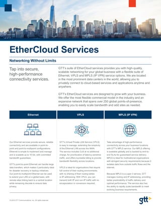 © 2016 GTT Communications, Inc. All rights reserved.
EtherCloud Services
Networking Without Limits
Tap into secure,
high-performance
connectivity services.
GTT’s suite of EtherCloud services provides you with high-quality,
scalable networking for your global business with a flexible suite of
Ethernet, VPLS and MPLS (IP VPN) service options. We are located
in the most prominent data centers in the world, allowing you to
privately connect to cloud-based services and applications anytime and
anywhere.
GTT’s EtherCloud services are designed to grow with your business.
We offer the most flexible commercial model in the industry and an
expansive network that spans over 250 global points-of-presence,
enabling you to easily scale bandwidth and add sites as needed.
MPLS (IP VPN)VPLS
Our Ethernet services provide secure, reliable
connectivity and are available in point-to-
point and point-to-multipoint configurations.
Ethernet is simple to implement and manage
and is scalable up to 10 Gb, with committed
bandwidth guarantees.
GTT’s point-to-point Ethernet can handle large
data transfers, which makes it particularly ideal
for disaster recovery or backup initiatives.
Our point-to-multipoint Ethernet can be used
to extend your LAN on a global basis, with
remote sites linking back to a central location
while remaining discrete to ensure data
privacy.
GTT’s Virtual Private LAN Service (VPLS)
is easy to manage, extending the simplicity
of the Ethernet LAN across the WAN.
The service includes CoS at no additional
charge, for prioritization of latency-sensitive
traffic, and offers burstable billing to provide
bandwidth flexibility across locations.
VPLS is ideal for organizations that require
full control of their routing environments,
with no sharing of their routing tables
or IP addressing. With VPLS, you can
transmit both IP and non-IP traffic with no
encapsulation or conversion required.
Take advantage of high-performance
connectivity across your business locations
with GTT’s MPLS service. Our MPLS offering
is available globally and is backed by end-to-
end SLAs for guaranteed service delivery.
MPLS is ideal for multinational organizations
with stringent security requirements because it
isolates data from outside traffic flows and the
Internet.
Because MPLS is a Layer 3 service, GTT
manages routing and IP addressing, providing
better predictability of traffic delivery and
optimal performance. The service also has
the ability to rapidly scale bandwidth to meet
evolving business requirements.
Ethernet
 
