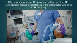 Ether Anaesthesia started 171 years ago On October 16th 1846.
Had undergone gradual metamorphosis to the sophisticated state as we
do like this today.
 