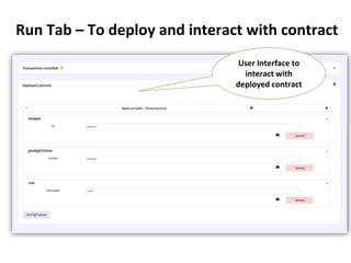 Run Tab – To deploy and interact with contract
User Interface to
interact with
deployed contract
 