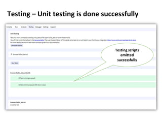 Testing – Unit testing is done successfully
Testing scripts
emitted
successfully
 