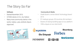 Community & Media
• Vitalik Buterin, winner World Technology Award
2015
• 97 meetups groups, 30 countries, 8k members
• Dozens of startup building apps on our platform
• 100k uniques on our site/month
Software
• Started November 2013
• 3 FOSS clients in C++, Go, Python
• Many more community clients in the
works: node.js , java, android, clojure,
objectiveC
The Story So Far
 