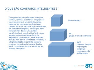 O QUE SÃO CONTRATOS INTELIGENTES ?
É um protocolo de computador feito para
facilitar, verificar ou reforçar a negociação
ou desempenho de um contrato, sendo
capaz de ser executado ou de se fazer
cumprir por si só. Para que seja considerado
um contrato inteligente, a transação deve
envolver mais do que uma simples
transferência de moeda virtual entre duas
pessoas (como uma transferência de
pagamento, por exemplo), deve envolver
duas ou mais partes (como todo contrato), e
a implementação do contrato não deve
requerer envolvimento humano direto a
partir do momento em que o contrato foi
firmado. Wikipedia
Smart Contract
DAO
(grupo de smart contracts)
DAPP
Conjunto de DAO
e aplicações
completas
externas ou não
ao Blockchain
 