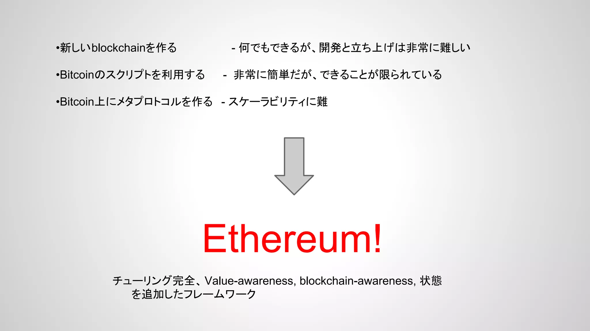 •新しいblockchainを作る - 何でもできるが、開発と立ち上げは非常に難しい
•Bitcoinのスクリプトを利用する - 非常に簡単だが、できることが限られている
•Bitcoin上にメタプロトコルを作る - スケーラビリティに難
Ethereum!
チューリング完全、Value-awareness, blockchain-awareness, 状態
を追加したフレームワーク
 