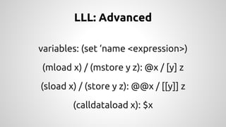 LLL: Advanced 
variables: (set ‘name <expression>) 
(mload x) / (mstore y z): @x / [y] z 
(sload x) / (store y z): @@x / [[y]] z 
(calldataload x): $x 
 