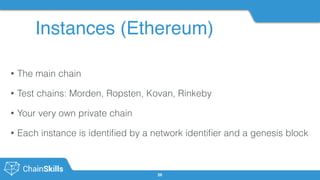 Instances (Ethereum)
26
• The main chain
• Test chains: Morden, Ropsten, Kovan, Rinkeby
• Your very own private chain
• Each instance is identiﬁed by a network identiﬁer and a genesis block
 