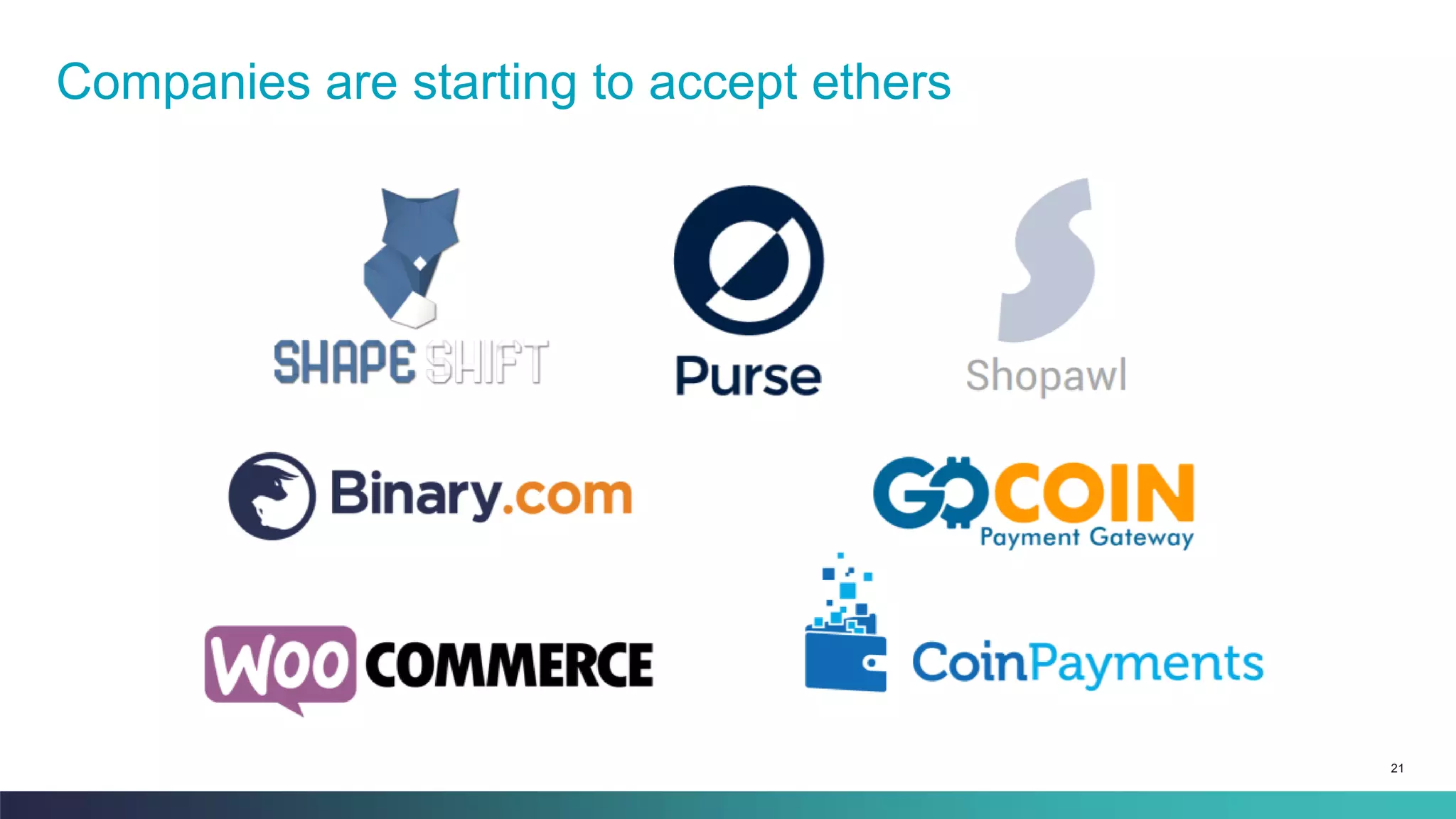 21
Companies are starting to accept ethers
 