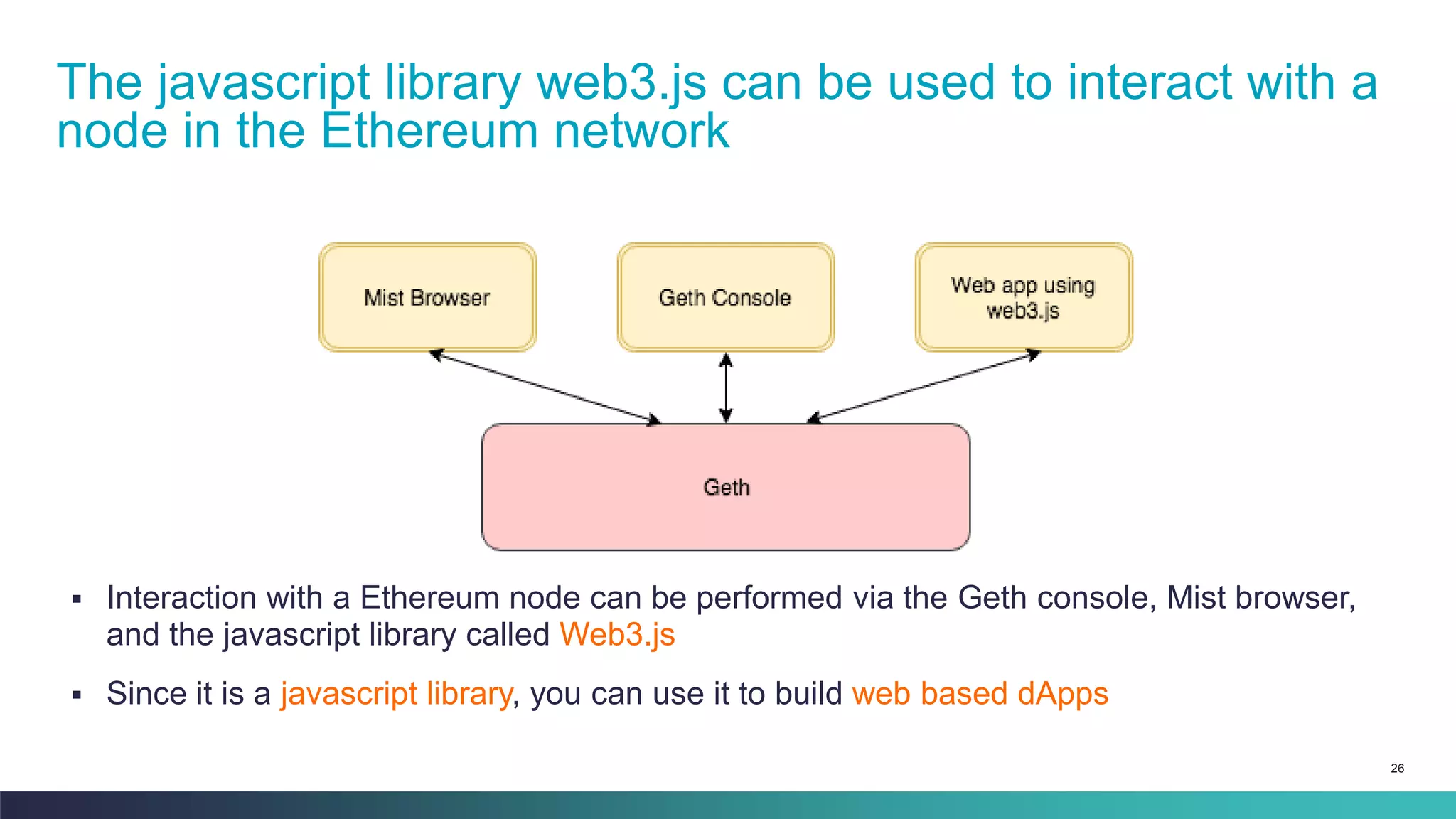 26
▪ Interaction with a Ethereum node can be performed via the Geth console, Mist browser,
and the javascript library called Web3.js
▪ Since it is a javascript library, you can use it to build web based dApps
The javascript library web3.js can be used to interact with a
node in the Ethereum network
 