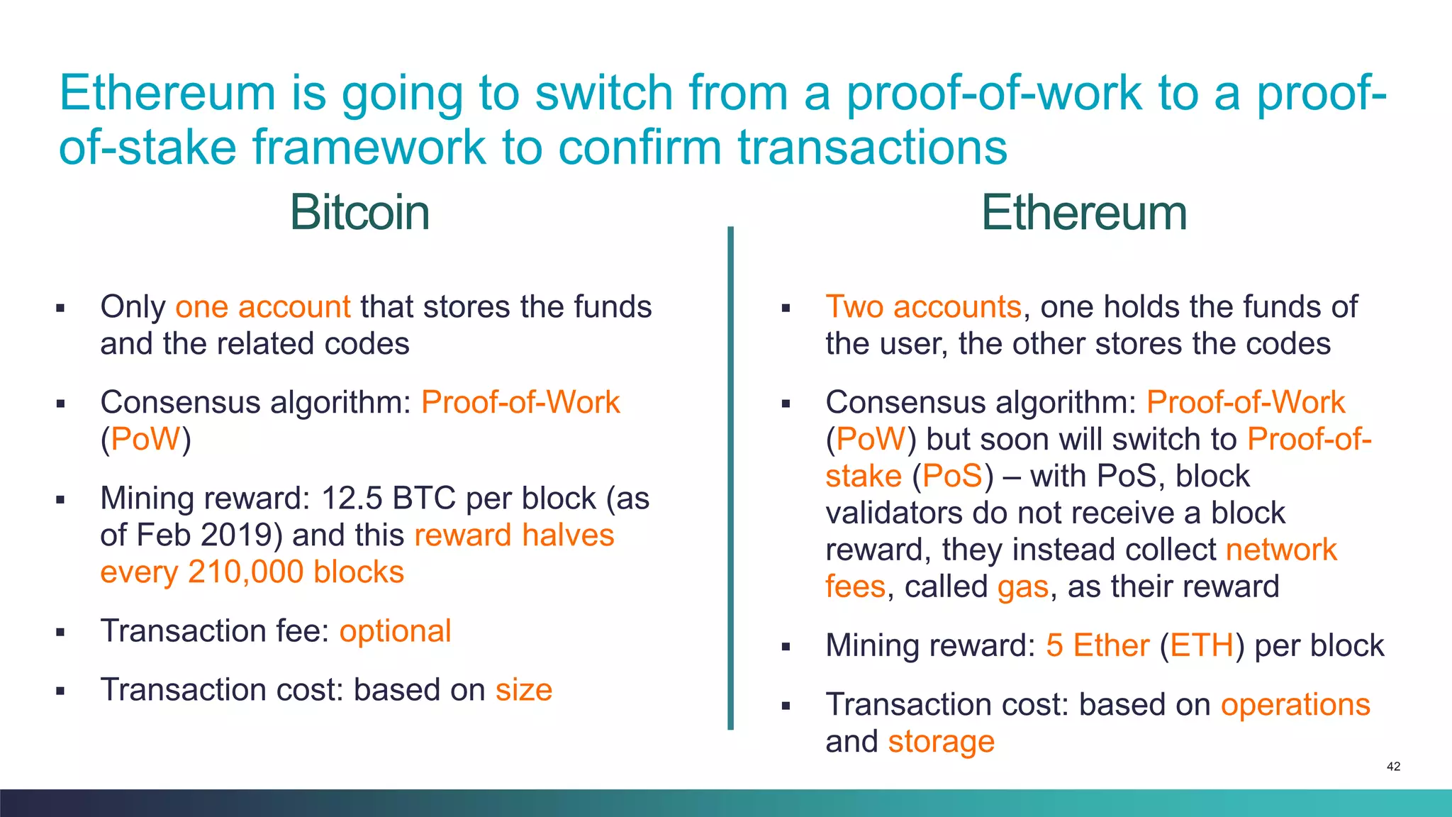42
Bitcoin
▪ Only one account that stores the funds
and the related codes
▪ Consensus algorithm: Proof-of-Work
(PoW)
▪ Mining reward: 12.5 BTC per block (as
of Feb 2019) and this reward halves
every 210,000 blocks
▪ Transaction fee: optional
▪ Transaction cost: based on size
▪ Two accounts, one holds the funds of
the user, the other stores the codes
▪ Consensus algorithm: Proof-of-Work
(PoW) but soon will switch to Proof-of-
stake (PoS) – with PoS, block
validators do not receive a block
reward, they instead collect network
fees, called gas, as their reward
▪ Mining reward: 5 Ether (ETH) per block
▪ Transaction cost: based on operations
and storage
Ethereum
Ethereum is going to switch from a proof-of-work to a proof-
of-stake framework to confirm transactions
 