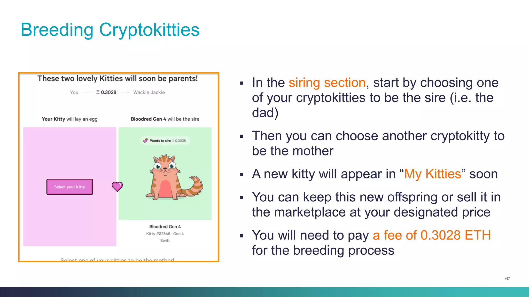 67
▪ In the siring section, start by choosing one
of your cryptokitties to be the sire (i.e. the
dad)
▪ Then you can choose another cryptokitty to
be the mother
▪ A new kitty will appear in “My Kitties” soon
▪ You can keep this new offspring or sell it in
the marketplace at your designated price
▪ You will need to pay a fee of 0.3028 ETH
for the breeding process
Breeding Cryptokitties
 