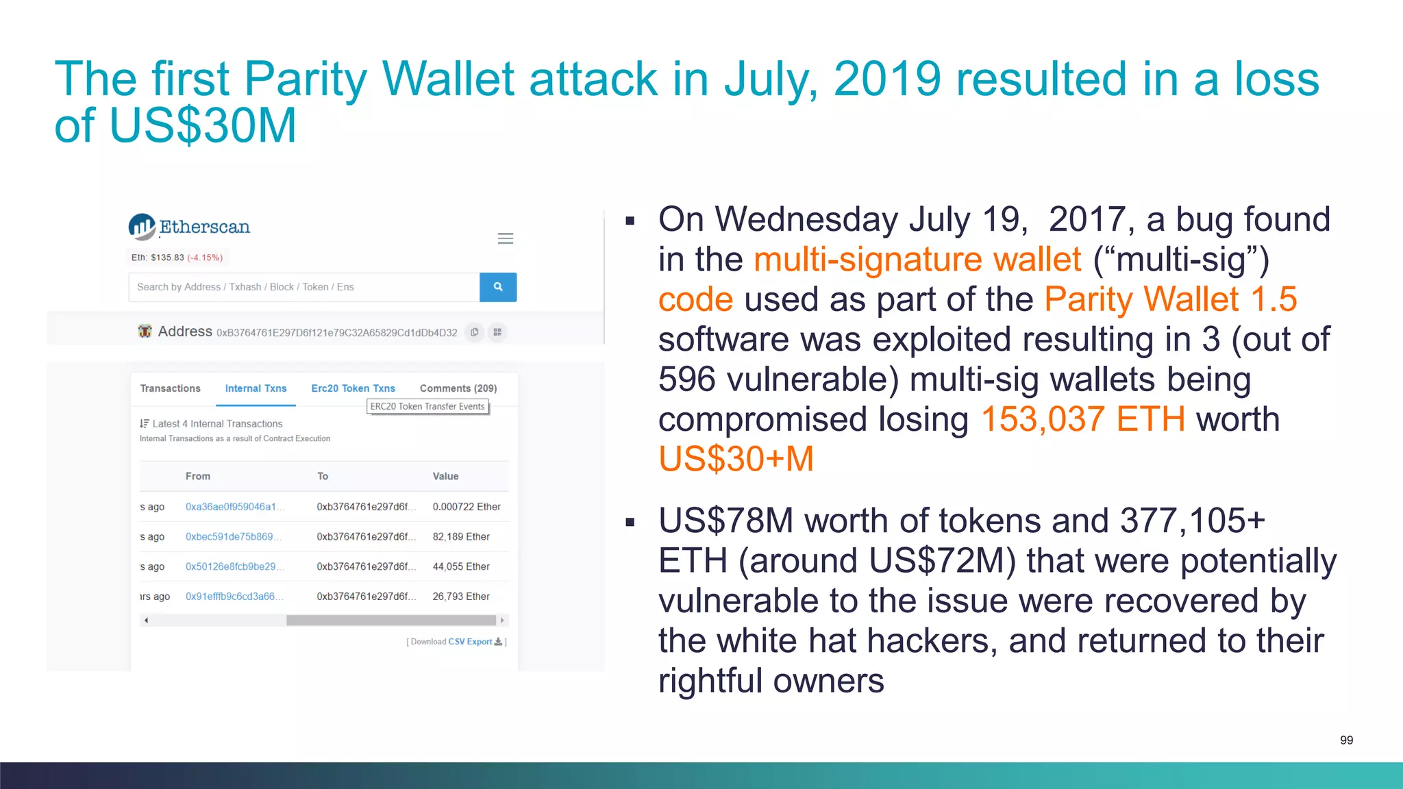 99
▪ On Wednesday July 19, 2017, a bug found
in the multi-signature wallet (“multi-sig”)
code used as part of the Parity Wallet 1.5
software was exploited resulting in 3 (out of
596 vulnerable) multi-sig wallets being
compromised losing 153,037 ETH worth
US$30+M
▪ US$78M worth of tokens and 377,105+
ETH (around US$72M) that were potentially
vulnerable to the issue were recovered by
the white hat hackers, and returned to their
rightful owners
The first Parity Wallet attack in July, 2019 resulted in a loss
of US$30M
 
