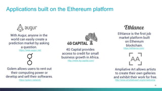 20
Applications built on the Ethereum platform
http://www.ampliativeart.org/en/welcome
https://ethlance.com/
http://www.4g-capital.com/
https://www.augur.net/
https://golem.network/
 