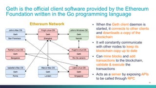 24
▪ When the Geth client daemon is
started, it connects to other clients
and downloads a copy of the
blockchain
▪ It will constantly communicate
with other nodes to keep its
blockchain copy up to date
▪ Can mine blocks and add
transactions to the blockchain,
validate & execute the
transactions
▪ Acts as a server by exposing APIs
to be called through RPC
Geth is the official client software provided by the Ethereum
Foundation written in the Go programming language
Ethereum Network
 