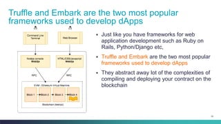 29
▪ Just like you have frameworks for web
application development such as Ruby on
Rails, Python/Django etc,
▪ Truffle and Embark are the two most popular
frameworks used to develop dApps
▪ They abstract away lot of the complexities of
compiling and deploying your contract on the
blockchain
Truffle and Embark are the two most popular
frameworks used to develop dApps
 