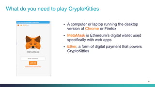 64
▪ A computer or laptop running the desktop
version of Chrome or Firefox
▪ MetaMask is Ethereum’s digital wallet used
specifically with web apps
▪ Ether, a form of digital payment that powers
CryptoKitties
What do you need to play CryptoKitties
 