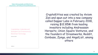 69
CryptoKitties was created by Axiom
Zen and spun out into a new company
called Dapper Labs in February 2018,
raising $12.85M from leading
investors including Andreessen
Horowitz, Union Square Ventures, and
the founders of Dreamworks, Reddit,
Coinbase, Zynga, and AngelList, among
others
https://drive.google.com/file/d/1soo-
eAaJHzhw_XhFGMJp3VNcQoM43byS/view
 