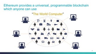 10
Ethereum provides a universal, programmable blockchain
which anyone can use
“The World Computer”
 