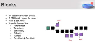 ● 14 seconds between blocks
● 3 ETH block reward for miner
● Hard & soft forks
● Important properties:
○ Parent Hash
○ Timestamp
○ Beneficiary
○ Difficulty
○ Number
○ Gas Used & Gas Limit
Blocks
 