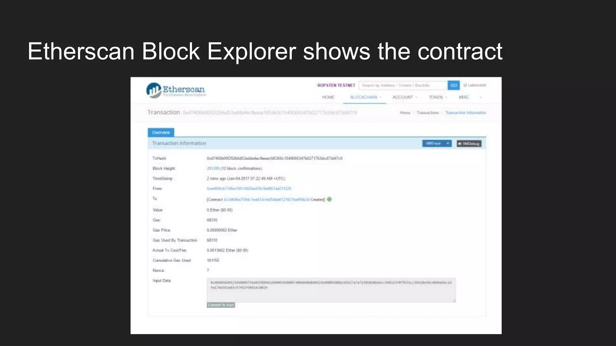 Etherscan Block Explorer shows the contract
 
