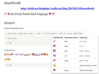 http://neilk.net/blog/2015/02/14/hea
rtforth/
http://neilk.net/bloghttp://neilk.net/blog/2015/02/14/heartforth/
 