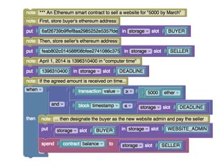 DSLs for Ethereum Smart Contracts
• Low-level
– EVM Assembly
– LLL (Triple-L) - Lisp-like Low-level Language
• High-level
– Serpent (Python-like) – going to be obsolete?
– EtherScript – Visual DSL
– Mutan (Go-like) – obsolete
– CLL (C-like language) – obsolete
– Solidity - (C/Javascript like with static types)
 