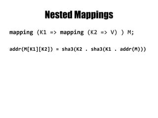 Solidity (*.sol)
• DSL designed specifically for Ethereum contracts
• Syntax similar to C/C++
• Statically typed
• ABI – Application Binary Interface
– i.e. function from one contract knows how to call and marshal
arguments to function from another contracts
– i.e. common contract code libraries
• Mix IDE for Solidity:
– https://github.com/ethereum/wiki/wiki/Mix:-The-DApp-IDE
• Solidity Online Compiler:
– http://chriseth.github.io/cpp-ethereum
 