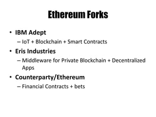 Subcurrency example
contract Coin {
function Coin {
balances[msg.sender] = 1000000000;
}
function send(address to, uint value) {
if(balances[msg.sender] >= value) {
balances[msg.sender] -= value;
balances[to] += value;
}
}
private mapping(address => uint) balances;
}
 