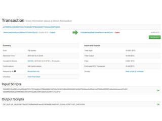 Blockchain – tree of Blocks
• Blocks (BlockHash 32B)
–Txs (TxId - reverse TxHash 32B)
• Inputs (#)
–reference to UTXO (TxId, output#)
–lock script (scriptPubKey)
• Outputs (#)
–value (in satoshis = BTC*10−8)
–unlock script (scriptSig)
 