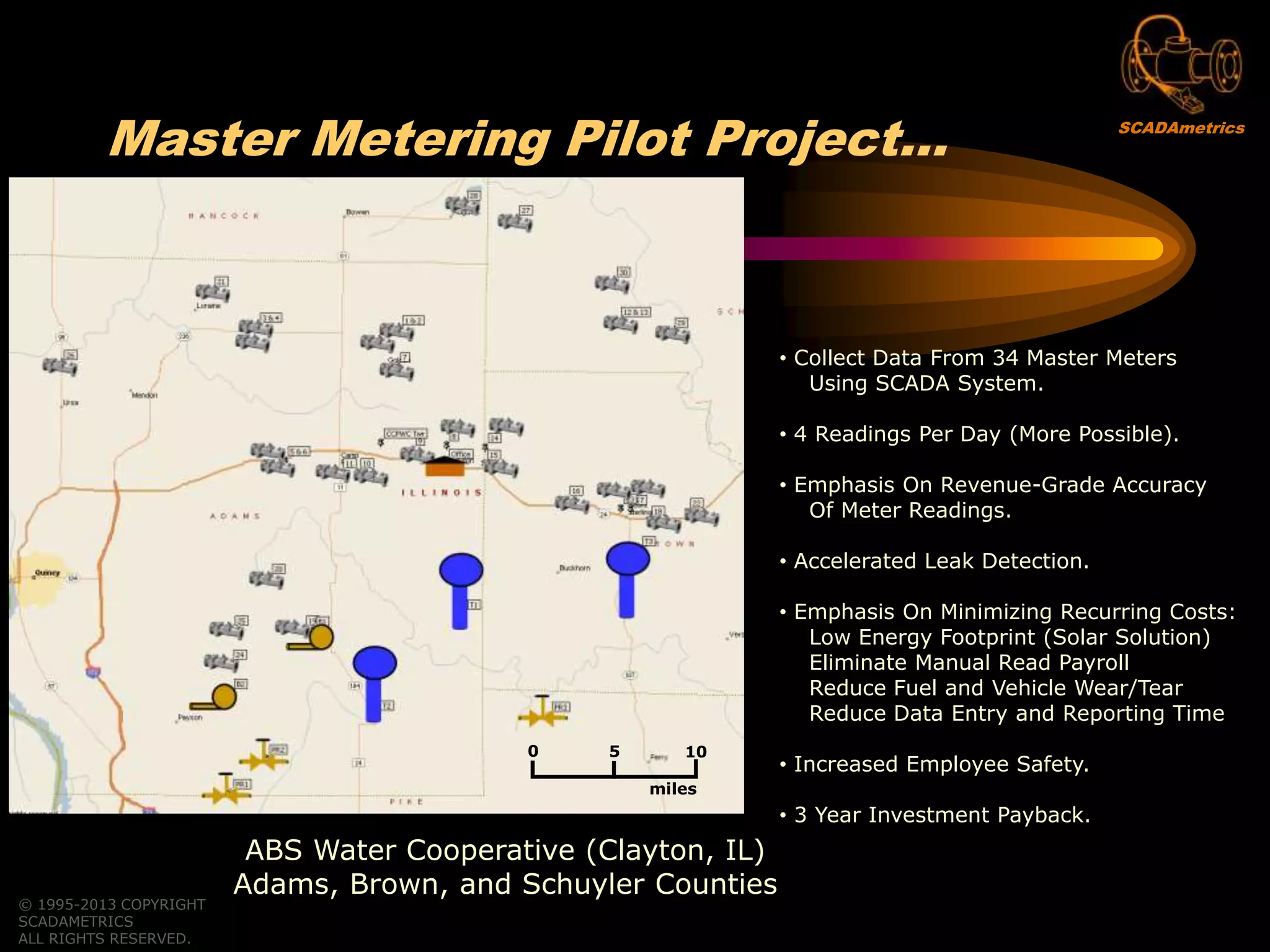Master Metering Pilot Project…
© 1995-2013 COPYRIGHT
SCADAMETRICS
ALL RIGHTS RESERVED.
ABS Water Cooperative (Clayton, IL)
Adams, Brown, and Schuyler Counties
• Collect Data From 34 Master Meters
Using SCADA System.
• 4 Readings Per Day (More Possible).
• Emphasis On Revenue-Grade Accuracy
Of Meter Readings.
• Accelerated Leak Detection.
• Emphasis On Minimizing Recurring Costs:
Low Energy Footprint (Solar Solution)
Eliminate Manual Read Payroll
Reduce Fuel and Vehicle Wear/Tear
Reduce Data Entry and Reporting Time
• Increased Employee Safety.
• 3 Year Investment Payback.
0 105
miles
SCADAmetrics
 