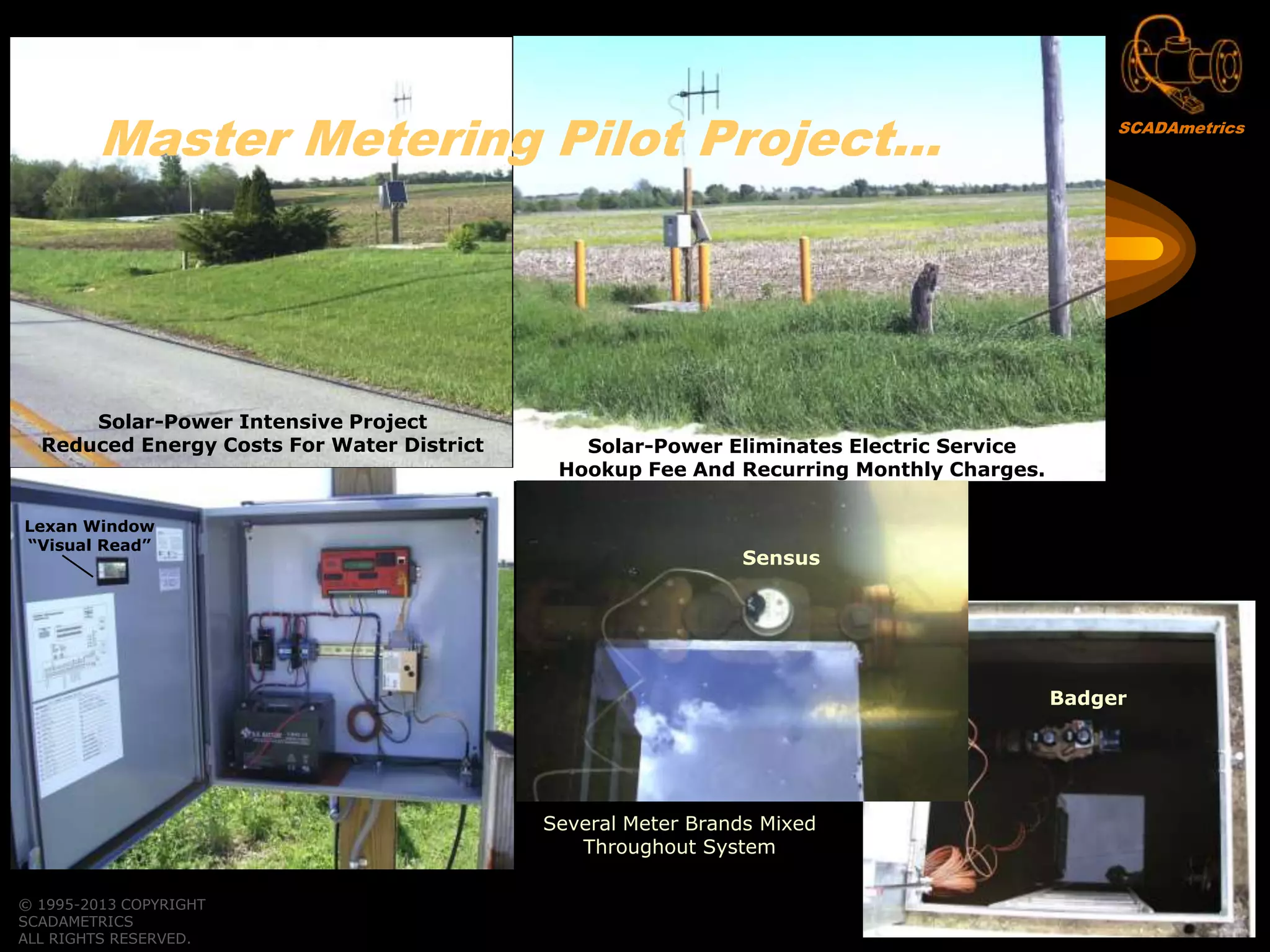 © 1995-2013 COPYRIGHT
SCADAMETRICS
ALL RIGHTS RESERVED.
Solar-Power Intensive Project
Reduced Energy Costs For Water District
Several Meter Brands Mixed
Throughout System
Solar-Power Eliminates Electric Service
Hookup Fee And Recurring Monthly Charges.
Lexan Window
“Visual Read”
Sensus
Badger
Master Metering Pilot Project… SCADAmetrics
 