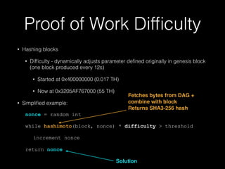 Proof of Work Difﬁculty
• Hashing blocks
• Difﬁculty - dynamically adjusts parameter deﬁned originally in genesis block
(one block produced every 12s)
• Started at 0x400000000 (0.017 TH)
• Now at 0x3205AF767000 (55 TH)
• Simpliﬁed example:
nonce = random int
while hashimoto(block, nonce) * difficulty > threshold
increment nonce
return nonce
Fetches bytes from DAG +
combine with block
Returns SHA3-256 hash
Solution
 