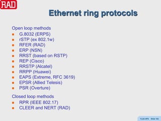 Ethernet ring protocols
Open loop methods
  G.8032 (ERPS)
  rSTP (ex 802.1w)
  RFER (RAD)
  ERP (NSN)
  RRST (based on RSTP)
  REP (Cisco)
  RRSTP (Alcatel)
  RRPP (Huawei)
  EAPS (Extreme, RFC 3619)
  EPSR (Allied Telesis)
  PSR (Overture)
Closed loop methods
  RPR (IEEE 802.17)
  CLEER and NERT (RAD)

                                         Y(J)S APS   Slide 102
 
