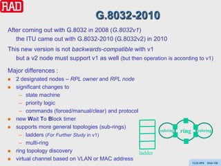 G.8032-2010
After coming out with G.8032 in 2008 (G.8032v1)
   the ITU came out with G.8032-2010 (G.8032v2) in 2010
This new version is not backwards-compatible with v1
   but a v2 node must support v1 as well (but then operation is according to v1)

Major differences :
   2 designated nodes – RPL owner and RPL node
   significant changes to
      – state machine
      – priority logic
      – commands (forced/manual/clear) and protocol
   new Wait To Block timer
   supports more general topologies (sub-rings)
                                                             subring   ring      subring
      – ladders (For Further Study in v1)
      – multi-ring
   ring topology discovery                         ladder
   virtual channel based on VLAN or MAC address
                                                                              Y(J)S APS   Slide 106
 