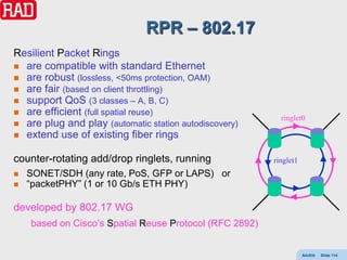 RPR – 802.17
Resilient Packet Rings
 are compatible with standard Ethernet
 are robust (lossless, <50ms protection, OAM)
 are fair (based on client throttling)
 support QoS (3 classes – A, B, C)
 are efficient (full spatial reuse)
                                                           ringlet0
 are plug and play (automatic station autodiscovery)
 extend use of existing fiber rings


counter-rotating add/drop ringlets, running              ringlet1
   SONET/SDH (any rate, PoS, GFP or LAPS) or
   “packetPHY” (1 or 10 Gb/s ETH PHY)

developed by 802.17 WG
    based on Cisco’s Spatial Reuse Protocol (RFC 2892)


                                                                    AdvEth   Slide 114
 