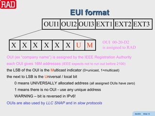 EUI format
                       OUI1 OUI2 OUI3 EXT1 EXT2 EXT3

                                                           OUI 00-20-D2
  X X X X X X U M                                          is assigned to RAD

OUI (ex “company name”) is assigned by the IEEE Registration Authority
each OUI gives 16M addresses (IEEE expects not to run out before 2100)
the LSB of the OUI is the Multicast indicator (0=unicast, 1=multicast)
the next to LSB is the Universal / local bit
    0 means UNIVERSALLY allocated address (all assigned OUIs have zero)
    1 means there is no OUI - use any unique address
    WARNING – bit is reversed in IPv6!
OUIs are also used by LLC SNAP and in slow protocols

                                                                            AdvEth   Slide 12
 