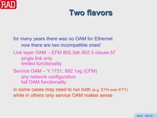 Two flavors


for many years there was no OAM for Ethernet
    now there are two incompatible ones!
Link layer OAM – EFM 802.3ah 802.3 clause 57
    single link only
    limited functionality
Service OAM – Y.1731, 802.1ag (CFM)
   any network configuration
   full OAM functionality
in some cases may need to run both (e.g. ETH over ETY)
while in others only service OAM makes sense



                                                         AdvEth   Slide 132
 