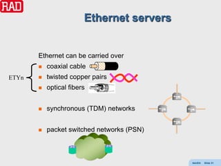 Ethernet servers


       Ethernet can be carried over
          coaxial cable
ETYn      twisted copper pairs
          optical fibers


          synchronous (TDM) networks


          packet switched networks (PSN)



                                            AdvEth   Slide 31
 