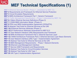 MEF Technical Specifications (1)
MEF 1 Ethernet Services Model - Phase 1 (obsoleted by MEF 10)
MEF 2 Requirements and Framework for Ethernet Service Protection
MEF 3 Circuit Emulation Requirements
MEF 4 MEN Architecture Framework Part 1: Generic Framework
MEF 5 Traffic Management Specification – Phase 1 (obsoleted by MEF 10)
MEF 6.1 Metro Ethernet Services Definitions (Phase 2)
MEF 7.1 EMS-NMS Information Model (Phase 2)
MEF 8 PDH over MEN Implementation Agreement (CESoETH)
MEF 9 Abstract Test Suite for Ethernet Services at the UNI
MEF 10.2 Ethernet Services Attributes (Phase 2)
MEF 10.2.1 Performance Attributes Amendment to MEF10.2
MEF 11 User Network Interface (UNI) Requirements and Framework
MEF 12 MAN Architecture Framework Part 2: Ethernet Services Layer
MEF 12.1 MAN Architecture Framework Part 2: Ethernet Services Layer Basic Elements
MEF 13 User Network Interface (UNI) Type 1 Implementation Agreement
MEF 14 Abstract Test Suite for Ethernet Services at the UNI
MEF 15 MEN Management Requirements - Phase 1 Network Elements
MEF 16 Ethernet Local Management Interface
MEF 17 Service OAM Framework and Requirements
MEF 18 Abstract Test Suite for Circuit Emulation Services
MEF 19 Abstract Test Suite for UNI Type 1
MEF 20 UNI Type 2 Implementation Agreement

                                                                             AdvEth   Slide 38
 