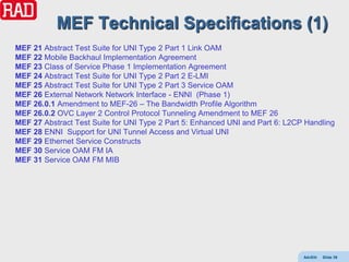 MEF Technical Specifications (1)
MEF 21 Abstract Test Suite for UNI Type 2 Part 1 Link OAM
MEF 22 Mobile Backhaul Implementation Agreement
MEF 23 Class of Service Phase 1 Implementation Agreement
MEF 24 Abstract Test Suite for UNI Type 2 Part 2 E-LMI
MEF 25 Abstract Test Suite for UNI Type 2 Part 3 Service OAM
MEF 26 External Network Network Interface - ENNI (Phase 1)
MEF 26.0.1 Amendment to MEF-26 – The Bandwidth Profile Algorithm
MEF 26.0.2 OVC Layer 2 Control Protocol Tunneling Amendment to MEF 26
MEF 27 Abstract Test Suite for UNI Type 2 Part 5: Enhanced UNI and Part 6: L2CP Handling
MEF 28 ENNI Support for UNI Tunnel Access and Virtual UNI
MEF 29 Ethernet Service Constructs
MEF 30 Service OAM FM IA
MEF 31 Service OAM FM MIB




                                                                               AdvEth   Slide 39
 