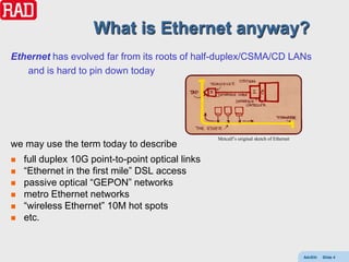 What is Ethernet anyway?
Ethernet has evolved far from its roots of half-duplex/CSMA/CD LANs
   and is hard to pin down today




                                                   Metcalf’s original sketch of Ethernet
we may use the term today to describe
   full duplex 10G point-to-point optical links
   “Ethernet in the first mile” DSL access
   passive optical “GEPON” networks
   metro Ethernet networks
   “wireless Ethernet” 10M hot spots
   etc.


                                                                                           AdvEth   Slide 4
 