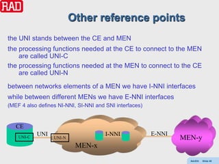 Other reference points
the UNI stands between the CE and MEN
the processing functions needed at the CE to connect to the MEN
    are called UNI-C
the processing functions needed at the MEN to connect to the CE
    are called UNI-N

between networks elements of a MEN we have I-NNI interfaces
while between different MENs we have E-NNI interfaces
(MEF 4 also defines NI-NNI, SI-NNI and SNI interfaces)


   CE
            UNI                        I-NNI             E-NNI
    UNI-C         UNI-N                                          MEN-y
                           MEN-x
                                                                   AdvEth   Slide 40
 
