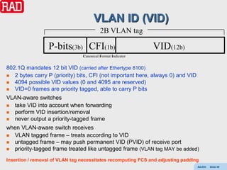 VLAN ID (VID)
                                          2B VLAN tag

                  P-bits(3b) CFI(1b)                          VID(12b)
                                Canonical Format Indicator


802.1Q mandates 12 bit VID (carried after Ethertype 8100)
 2 bytes carry P (priority) bits, CFI (not important here, always 0) and VID
 4094 possible VID values (0 and 4095 are reserved)
 VID=0 frames are priority tagged, able to carry P bits

VLAN-aware switches
 take VID into account when forwarding
 perform VID insertion/removal
 never output a priority-tagged frame

when VLAN-aware switch receives
 VLAN tagged frame – treats according to VID
 untagged frame – may push permanent VID (PVID) of receive port
 priority-tagged frame treated like untagged frame (VLAN tag MAY be added)

Insertion / removal of VLAN tag necessitates recomputing FCS and adjusting padding
                                                                                 AdvEth   Slide 49
 