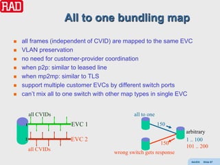 All to one bundling map
   all frames (independent of CVID) are mapped to the same EVC
   VLAN preservation
   no need for customer-provider coordination
   when p2p: similar to leased line
   when mp2mp: similar to TLS
   support multiple customer EVCs by different switch ports
   can’t mix all to one switch with other map types in single EVC


         all CVIDs                           all to one
     1                EVC 1                               150
                                                                  arbitrary
     2                EVC 2                                       1 .. 100
                                                           150
                                                                  101 .. 200
         all CVIDs
                                     wrong switch gets response
                                                                    AdvEth   Slide 67
 