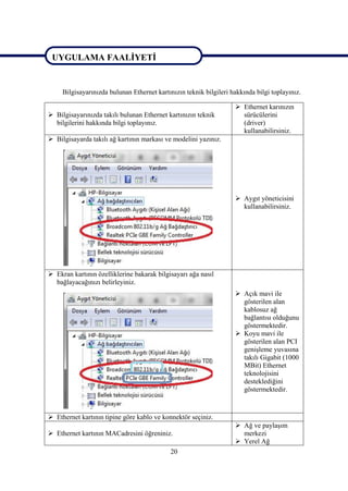 UYGULAMA FAALĠYETĠ

UYGULAMA FAALĠYETĠ
     Bilgisayarınızda bulunan Ethernet kartınızın teknik bilgileri hakkında bilgi toplayınız.

                                                                     Ethernet karınızın
 Bilgisayarınızda takılı bulunan Ethernet kartınızın teknik          sürücülerini
  bilgilerini hakkında bilgi toplayınız.                              (driver)
                                                                      kullanabilirsiniz.
 Bilgisayarda takılı ağ kartının markası ve modelini yazınız.




                                                                     Aygıt yöneticisini
                                                                      kullanabilirsiniz.




 Ekran kartının özelliklerine bakarak bilgisayarı ağa nasıl
  bağlayacağınızı belirleyiniz.
                                                                     Açık mavi ile
                                                                      gösterilen alan
                                                                      kablosuz ağ
                                                                      bağlantısı olduğunu
                                                                      göstermektedir.
                                                                     Koyu mavi ile
                                                                      gösterilen alan PCI
                                                                      geniĢleme yuvasına
                                                                      takılı Gigabit (1000
                                                                      MBit) Ethernet
                                                                      teknolojisini
                                                                      desteklediğini
                                                                      göstermektedir.


 Ethernet kartının tipine göre kablo ve konnektör seçiniz.
                                                                     Ağ ve paylaĢım
 Ethernet kartının MACadresini öğreniniz.                            merkezi
                                                                     Yerel Ağ
                                            20
 