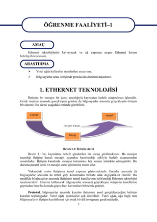 ÖĞRENME FAALĠYETĠ–1
                  ÖĞRENME FAALĠYETĠ - 1
          AMAÇ
       Ethernet teknolojilerini kavrayacak ve ağ yapınıza uygun Ethernet kartını
belirleyebileceksiniz.

   ARAġTIRMA
           Yerel ağda kullanılan standartları araĢtırınız.
           Bilgisayarlar arası iletiĢimde protokolün önemini araĢtırınız.



               1. ETHERNET TEKNOLOJĠSĠ
       ĠletiĢim, bir mesajın bir kanal aracılığıyla kaynaktan hedefe ulaĢtırılması iĢlemidir.
Gerek insanlar arasında gerçekleĢsin gerekse de bilgisayarlar arasında gerçekleĢsin iletiĢim
bir süreçtir. Bu süreci aĢağıdaki resimde görebiliriz.




                                  Resim 1.1: ĠletiĢim süreci
       Resim 1.1’de, kaynaktan hedefe gönderilen bir mesaj görülmektedir. Bu mesajın
taĢındığı iletiĢim kanalı mesajın kaynakta hazırlandığı Ģekliyle hedefe ulaĢmasından
sorumludur. ĠletiĢim kanalında mesajın korunması her zaman mümkün olmayabilir. Bu
duruma parazit denir ve mesajın zarar görmesine neden olur.

       Yukarıdaki resim iletiĢimin temel yapısını göstermektedir. Ġnsanlar arasında da
bilgisayarlar arasında da temel yapı korunmakla birlikte ufak değiĢiklikler olabilir. Bu
modülde bilgisayarlar arasında iletiĢimin temel kurallarının belirlendiği Ethernet teknolojisi
incelenecektir. Ethernet kullanarak bilgisayarlar arasında gerçekleĢen iletiĢimin temellerine
geçmeden önce bu konuda geçen bazı kavramları bilmemiz gerekir.

       Protokol, bilgisayarlar arasında kurulan iletiĢimin nasıl gerçekleĢeceğini belirten
kurallar topluluğudur. Yerel ağda protokoller çok önemlidir. Yerel ağda, ağa bağlı tüm
bilgisayarların iletiĢim kurabilmesi için ortak bir dil konuĢması gerekmektedir.
                                                3
 