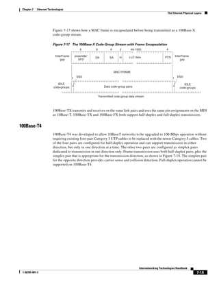 Chapter 7   Ethernet Technologies
                                                                                                               The Ethernet Physical Layers




                         Figure 7-17 shows how a MAC frame is encapsulated before being transmitted as a 100Base-X
                         code-group stream.

                         Figure 7-17 The 100Base-X Code-Group Stream with Frame Encapsulation
                                               8        6            6      2       46-1500                    4

                           InterFrame       preamble/                       In     LLC data                  FCS       InterFrame
                                                        DA          SA
                               gap             SFD                                                                         gap



                                                                         MAC FRAME

                                        1    SSD                                                                   1    ESD

                             IDLE                                                                                            IDLE
                          code-groups                           Data code-group pairs                                     code-groups


                                                            Transmitted code-group data stream



                         100Base-TX transmits and receives on the same link pairs and uses the same pin assignments on the MDI
                         as 10Base-T. 100Base-TX and 100Base-FX both support half-duplex and full-duplex transmission.


100Base-T4
                         100Base-T4 was developed to allow 10BaseT networks to be upgraded to 100-Mbps operation without
                         requiring existing four-pair Category 3 UTP cables to be replaced with the newer Category 5 cables. Two
                         of the four pairs are configured for half-duplex operation and can support transmission in either
                         direction, but only in one direction at a time. The other two pairs are configured as simplex pairs
                         dedicated to transmission in one direction only. Frame transmission uses both half-duplex pairs, plus the
                         simplex pair that is appropriate for the transmission direction, as shown in Figure 7-18. The simplex pair
                         for the opposite direction provides carrier sense and collision detection. Full-duplex operation cannot be
                         supported on 100Base-T4.




                                                                                          Internetworking Technologies Handbook
 1-58705-001-3                                                                                                                          7-19
 
