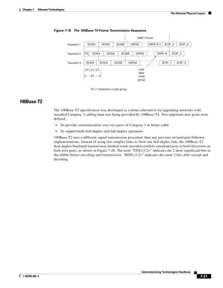 Chapter 7   Ethernet Technologies
                                                                                                                  The Ethernet Physical Layers




                         Figure 7-19 The 100Base-T4 Frame Transmission Sequence

                                                                                           MAC Frame

                                     Transmit 1    SOSA        SOSA      SOSB       DATA2          DATA N-1    EOP_2     EOP_5


                                     Transmit 2   P3    SOSA      SOSA      SOSB       DATA2            DATA N        EOP_3


                                     Transmit 3   SOSA       SOSA      SOSB        DATA2                      EOP_1     EOP_4

                                                  2T 2T 2T                                  Last
                                                                                            data
                                                       6T                                  code
                                                                                           group


                                                       6T=1 temporary code group



100Base-T2
                         The 100Base-T2 specification was developed as a better alternative for upgrading networks with
                         installed Category 3 cabling than was being provided by 100Base-T4. Two important new goals were
                         defined:
                          •   To provide communication over two pairs of Category 3 or better cable
                          •   To support both half-duplex and full-duplex operation
                         100Base-T2 uses a different signal transmission procedure than any previous twisted-pair Ethernet
                         implementations. Instead of using two simplex links to form one full-duplex link, the 100Base-T2
                         dual-duplex baseband transmission method sends encoded symbols simultaneously in both directions on
                         both wire pairs, as shown in Figure 7-20. The term “TDX<3:2>” indicates the 2 most significant bits in
                         the nibble before encoding and transmission. “RDX<3:2>” indicates the same 2 bits after receipt and
                         decoding.




                                                                                             Internetworking Technologies Handbook
 1-58705-001-3                                                                                                                            7-21
 