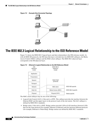 Chapter 7   Ethernet Technologies
 The IEEE 802.3 Logical Relationship to the ISO Reference Model




                        Figure 7-3      Example Star-Connected Topology




The IEEE 802.3 Logical Relationship to the ISO Reference Model
                        Figure 7-4 shows the IEEE 802.3 logical layers and their relationship to the OSI reference model. As
                        with all IEEE 802 protocols, the ISO data link layer is divided into two IEEE 802 sublayers, the Media
                        Access Control (MAC) sublayer and the MAC-client sublayer. The IEEE 802.3 physical layer
                        corresponds to the ISO physical layer.

                        Figure 7-4      Ethernet’s Logical Relationship to the ISO Reference Model
                                                OSI                       IEEE 802.3
                                             reference                     reference
                                               model                         model

                                            Application

                                            Presentation

                                              Session                     Upper-layer
                                                                           protocols
                                             Transport

                                              Network                     MAC-client           IEEE 802-specific

                                              Data link               Media Access (MAC)       IEEE 802.3-specific

                                              Physical                   Physical (PHY)        Media-specific

                        The MAC-client sublayer may be one of the following:
                         •   Logical Link Control (LLC), if the unit is a DTE. This sublayer provides the interface between the
                             Ethernet MAC and the upper layers in the protocol stack of the end station. The LLC sublayer is
                             defined by IEEE 802.2 standards.
                         •   Bridge entity, if the unit is a DCE. Bridge entities provide LAN-to-LAN interfaces between LANs
                             that use the same protocol (for example, Ethernet to Ethernet) and also between different protocols
                             (for example, Ethernet to Token Ring). Bridge entities are defined by IEEE 802.1 standards.



             Internetworking Technologies Handbook
 7-4                                                                                                                     1-58705-001-3
 